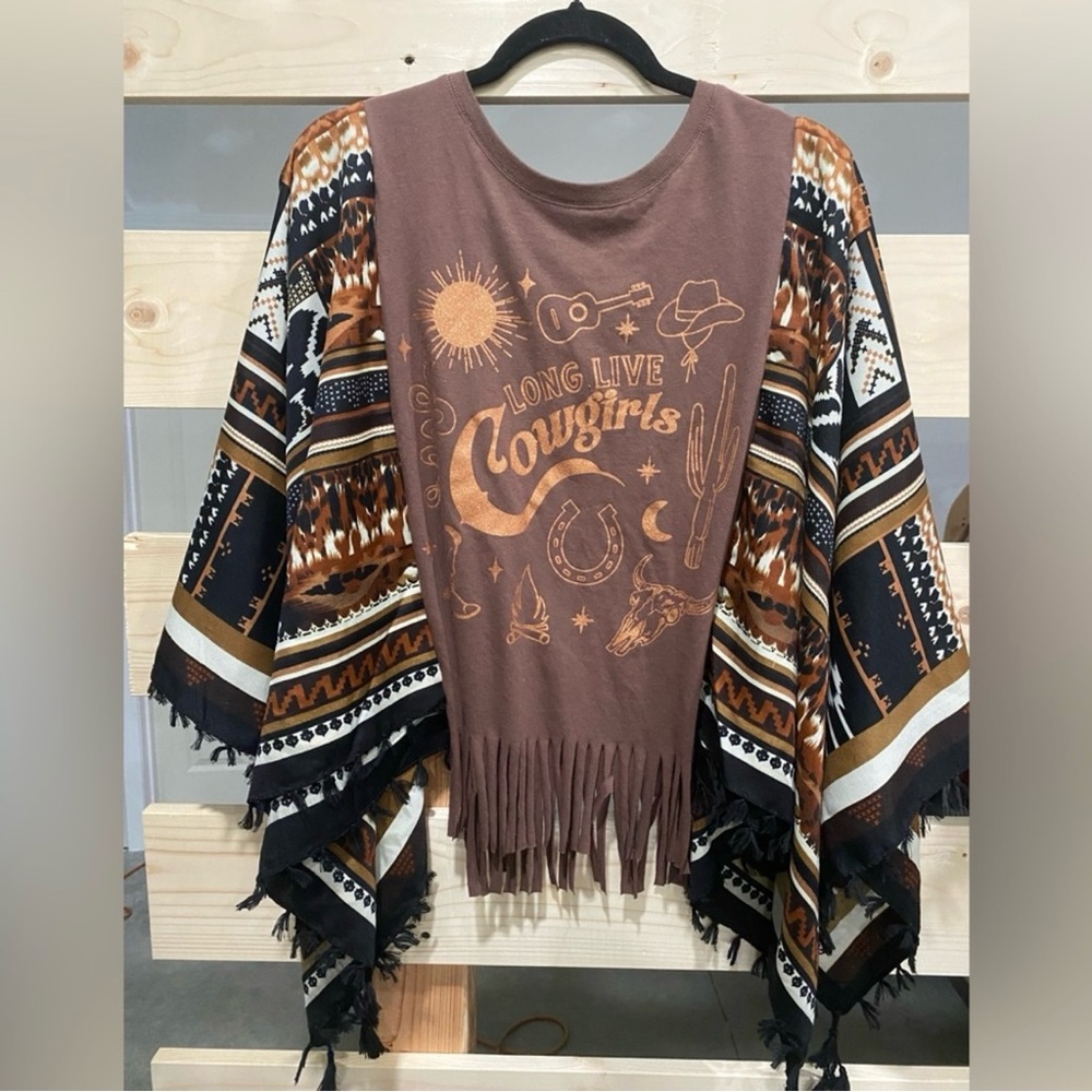 NEW - Brown Oversized Fringe Poncho Top with Western Print